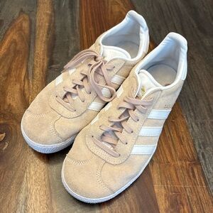 Adidas Blush Suede Sneakers with White Stripes
